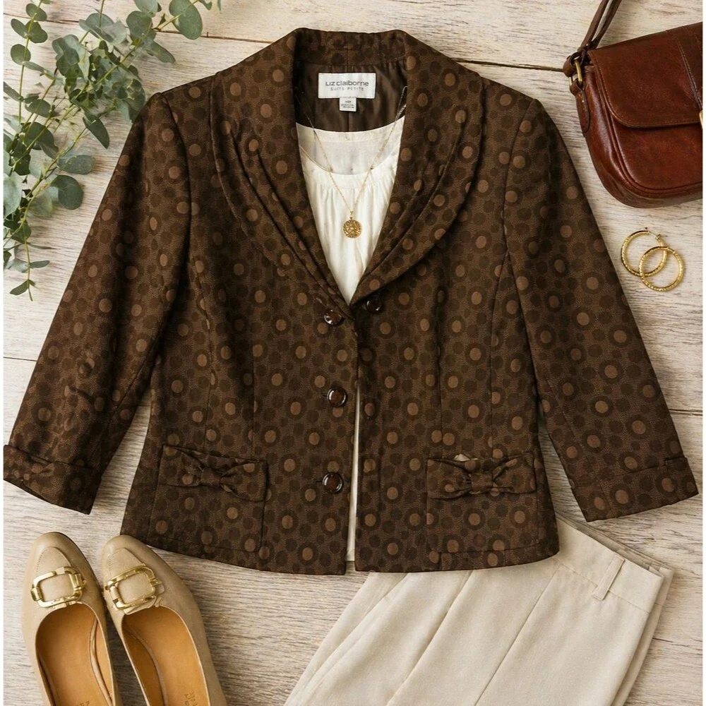 Liz Claiborne Suit Petite Blazer 14P Brown Polka Dot Jacket 3/4 Sleeve Button Fr